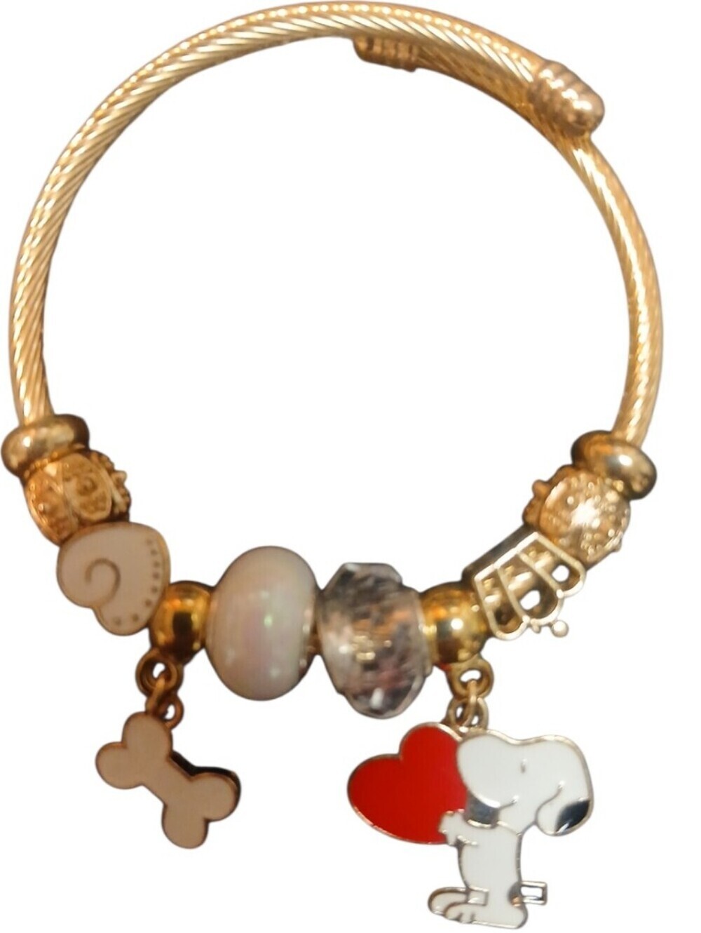 Peanuts -Snoopy Charm Bracelet, 8 charms on Adj. Cuff Style Gold Tone Bracelet